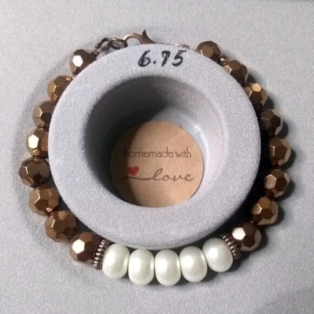 Copper + Faux Stretch Pearls Bracelet! Upscale Boho Contrasts Feminine Trendy